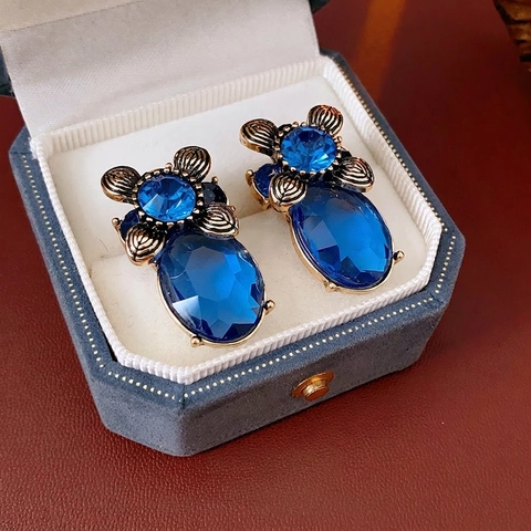 Orecchini A Lobo Vintage A Forma Di Fiore Ovale Per Donna Con Cristallo Blu Strass E Perno In Argento Lega Retro
