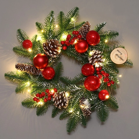 Christmas Wreath Artificial Pine Rattan Berries Pine Cones Merry Christmas Sign Ribbon Hanging Front Door Wall Decor