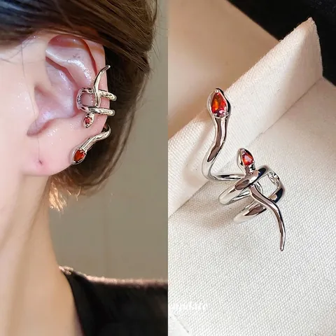 Ear Cuff Serpente Rame Zircone Intarsiato Orecchini Senza Buco Avvolgenti Per Donna Stile Punk Cool Argento Rosso