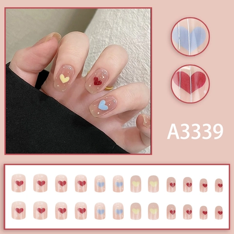 Colorful Heart Press On Nails Nude Pink Polka Dot Three Dimensional Heart Design European Square Fake Nails For Women Daily Nail Art