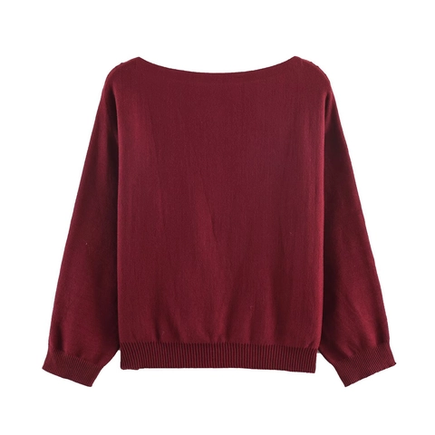 Dames Elegante Gebreide Trui Lange Mouwen Boothals Strik Decor Kralen Bloem Borduurwerk Pullover Bourgondiƫ
