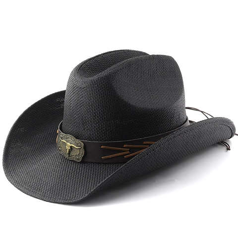 Cappello Da Cowboy Western Retro In Paglia Intrecciata Tesa Larga Protezione Solare Con Cintura In Pelle Testa Di Toro