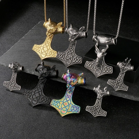 Viking Thor's Hammer Mjolnir Pendant Necklace Stainless Steel Wolf Lion Head Celtic Knot Vintage Punk Jewelry For Men