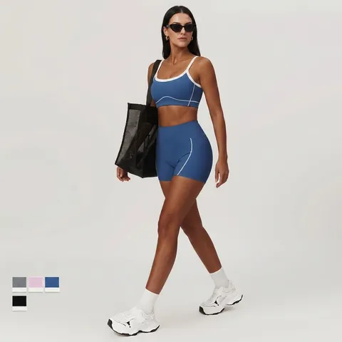 Women Yoga Sportswear Outfit Nylon Spandex Contrast Piping Removable Pads Bare Feel High Waist Top And Flare Pants