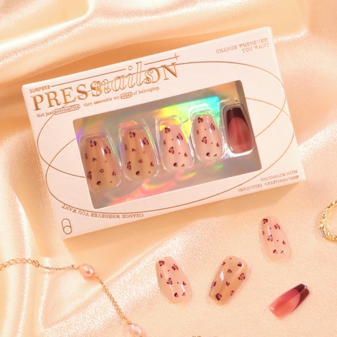 Press On Nails Leopard Print French Tip Cat Eye Gradient Long Coffin Glossy Artificial Fingernails Women