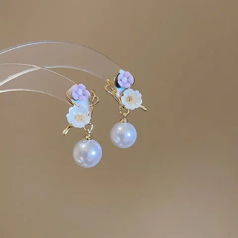 Pendientes Colgantes Flor Perla Artificial Con Poste Plata 925 Esmalte Floral Joyería Elegante Para Mujer