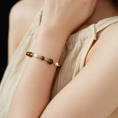 Vintage Beaded Bracelet With Artificial Pearls And Tiger Eye Stones Real Gold Plated Copper For Women Elegant Retro