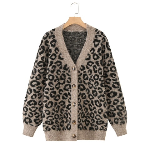 Strickjacke Mit Leopardenmuster V-Ausschnitt Knopfleiste Langarm Warmer Alpaka-Mix Lockere Passform Damen Mode