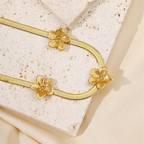 Cavigliera A Fiore In Acciaio Inossidabile Placcato Oro 18K Catena A Serpente Piatta Gioielli Piedi Donna Elegante