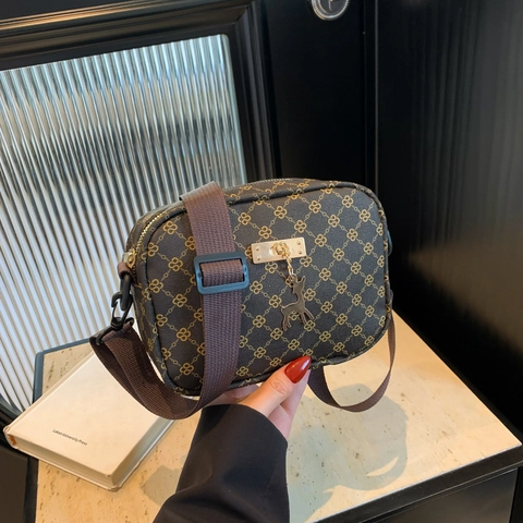Women Crossbody Bag PU Leather Monogram Pattern Vintage Small Square Camera Bag With Gold Deer Pendant Wide Strap