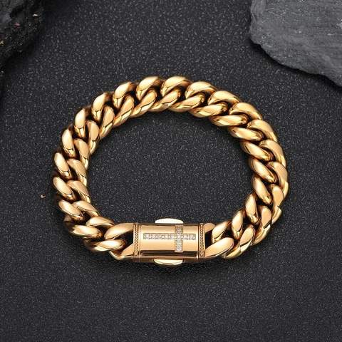 Bracciale a Catena Cubana in Acciaio Inossidabile Hip Hop per Uomo Donna Con Fibbia a Croce in Strass Oro Argento Gioielli