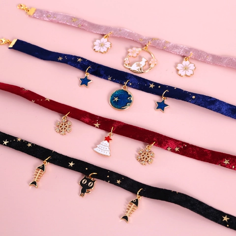 Velvet Pet Collar Necklace With Enamel Pendants Adjustable Neck Strap For Cats Small Dogs Christmas Halloween Choker