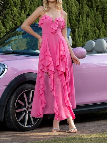 Vestido De Noche De Gasa Para Mujer Cuello En V Volantes Dobladillo Alto Bajo Abertura Alta Espalda Descubierta Fiesta