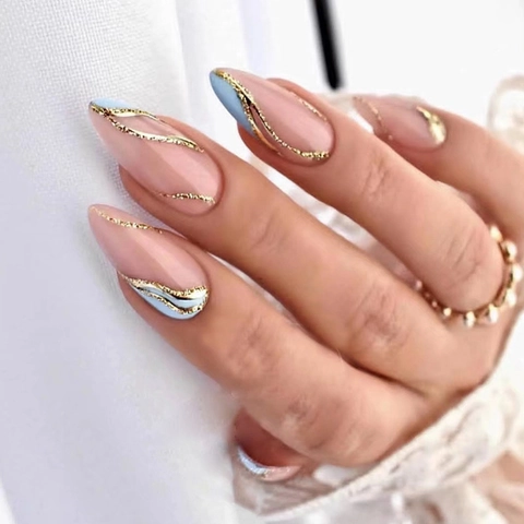 Press On Nails Long Almond Shape Blue Wave Pattern Gold Glitter Plastic Artificial Fake Fingernails For Women