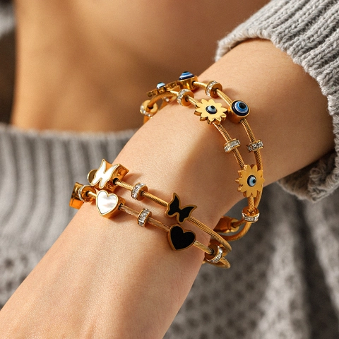 Roestvrijstalen Armband Evil Eye Vlinder Hart Schelp 18K Verguld Zirkoon Magnetische Sluiting Kabeldraad Sieraden Voor Vrouwen