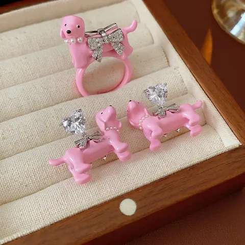 Roze Hond Sieraden Oorbellen En Ring Koper Hart Zirkoon Emaille Schattige Dieren Strik Kunstparelketting Accessoires Vrouwen Meisjes