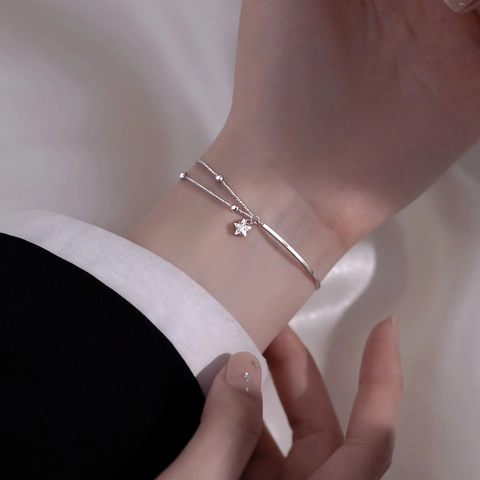 Double Layer Star Pendant Bracelet Bangle Copper Silver Plated Minimalist Elegant Jewelry Gift For Women