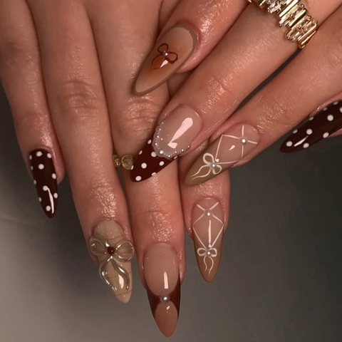 French Almond Press On Nails Long 3D Metal Bows Artificial Pearl Polka Dot Coffee Brown Artificial Fingernails Elegant