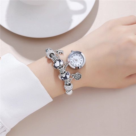 Orologio Da Polso Alla Moda Donna Bracciale Perline Lega Tono Argento Con Ciondoli Corona Rosa Cuore Strass Quarzo