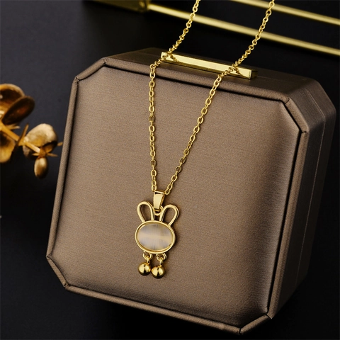 Collar de Colgante de Conejo Lindo Acero de Titanio Chapado en Oro Piedra Ojo de Gato Joyería Animal para Mujer