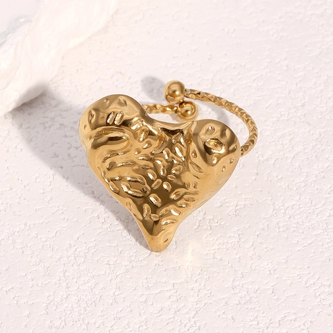 Anillo Corazón Acero Inoxidable Chapado Oro 18K Textura Martillada Ajustable Abierto Joyería Minimalista Mujer