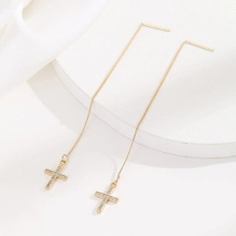 Elegant Cross Threader Earrings Copper Gold Plated Micro-inlaid Zirconia Long Chain Minimalist Jewelry Gift For Women