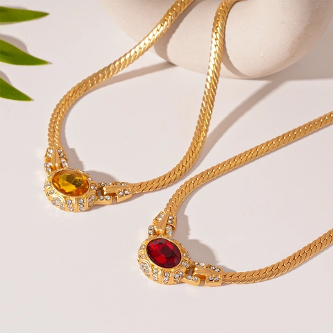 Collana Con Pendente Vintage Da Donna Catena A Serpente In Lega Con Pietra Rossa Ovale E Strass Gioielli Eleganti