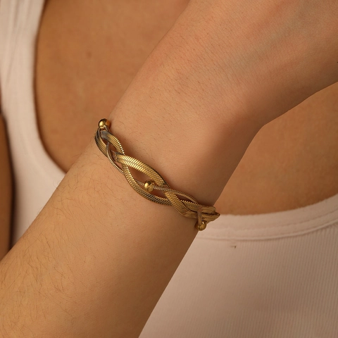 Pulsera De Cadena De Serpiente De Varias Capas Para Mujer Acero Inoxidable Chapado En Oro De 18K Cuentas Redondas