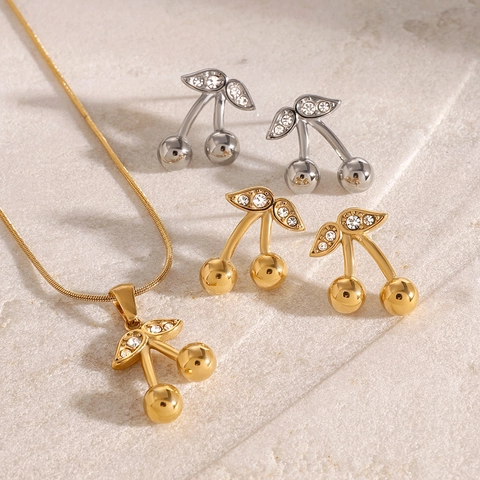Collier À Pendentif Cerise En Acier Inoxydable Et Boucles D'oreilles Puces Bijoux Avec Strass Style Fruit Pour Femme