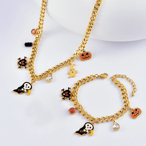 Set di Gioielli in Acciaio Inossidabile per Halloween Donna Zucca Teschio Fantasma Ciondolo Collana Bracciale Orecchini
