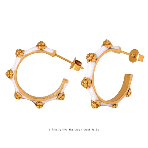 C Shaped Hoop Earrings Titanium Steel White Enamel Gold Plated Studded Beaded French Chic Style Women Jewelry