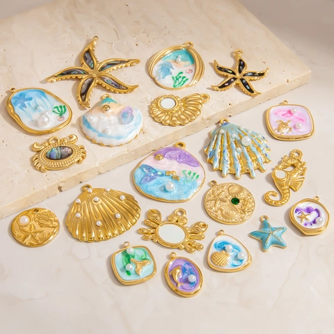 Ocean Theme DIY Charms Gold Plated Stainless Steel Shell Artificial Pearl Enamel Pendants For Necklace Bracelet Earring Making