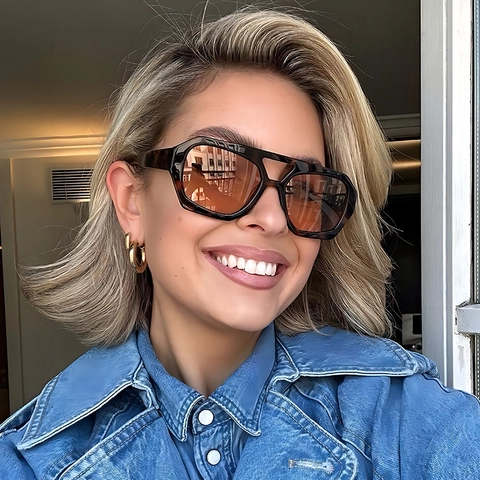 Geometric Retro Square Sunglasses For Men And Women Double Bridge Oversized UV400 PC Frame Trendy Eyewear