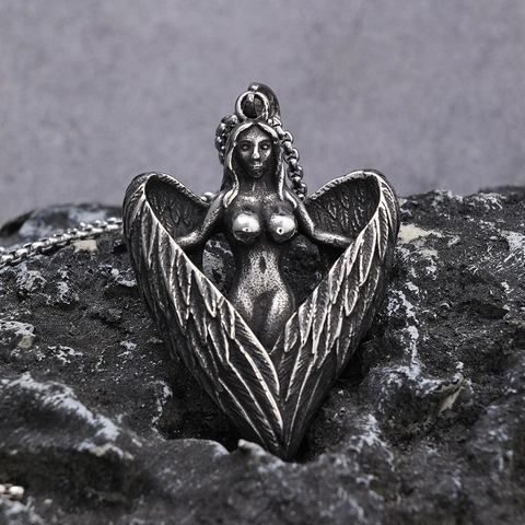 Collana Con Pendente Dea Ali D'Angelo In Acciaio Inossidabile Argento Vintage Gotico Forma Di Cuore Gioielli Per Uomo Donna