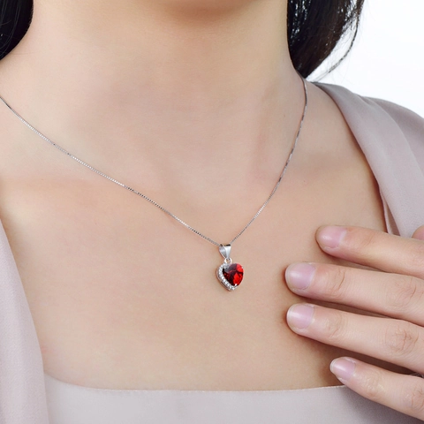 Heart Necklace 925 Sterling Silver Red Heart Zircon Elegant Pendant Box Chain Women Romantic Jewelry Gift