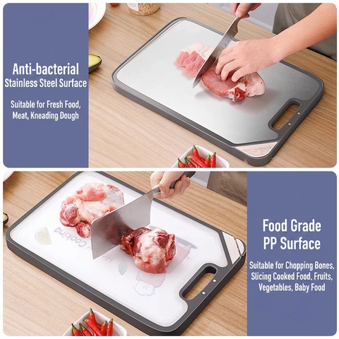 Double Sided Cutting Board Stainless Steel Ebony Wood Antibacterial Thickened Chopping Block With Handle Kitchen