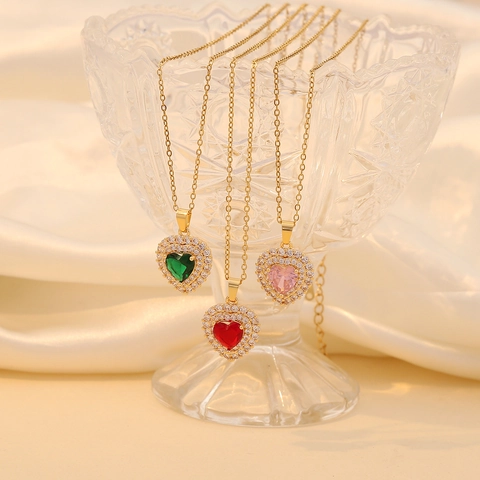Collana Pendente Cuore Rame Acciaio Inossidabile Zirconia Micro Pavé Gioielli Di Moda Eleganti Donne Matrimonio Quotidiano