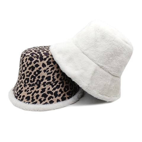 Dames Omkeerbare Luipaard Bucket Hat Pluche Namaakbont Winter Warm Winddicht Outdoor Modieuze Zachte Muts