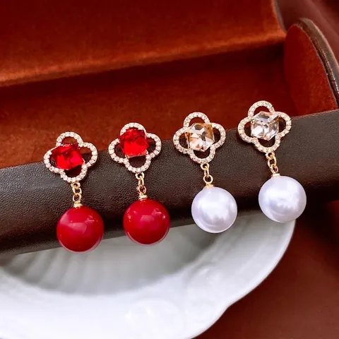 Orecchini Quadrifoglio Vintage Con Perno Argento Lega Zirconia Perla Artificial Sintetica Gioielli Di Lusso Per Donna
