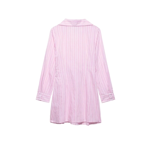 Pink Striped Shirt Dress Women Long Sleeve Lapel V Neck Crossover Waist Button Down Elegant Polyester Mini Dress