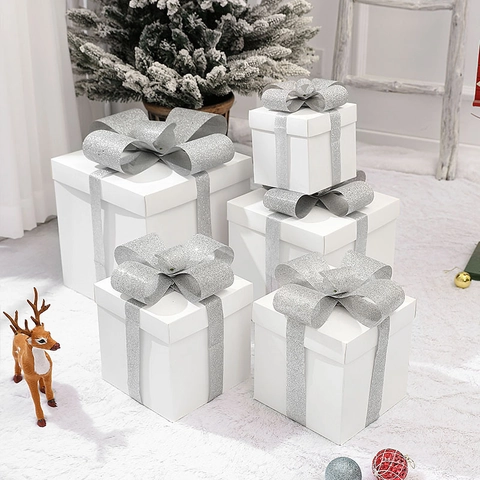 Christmas Gift Boxes White Square Paper With Silver Glitter Ribbon Bow Decorative For Holiday Tree Display Party Elegant Modern