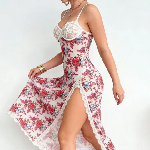 Damen Blumenmuster Netzkleid Spitze Mit Bügel Schlitz Schmal Geschnitten Sexy Vintage Partykleid
