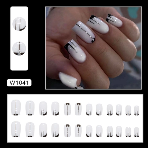 Uñas Postizas Square Negro Y Blanco Líneas Geométricas Purpurina Aurora Estilo Ins Resina Con Diamantes De Imitación