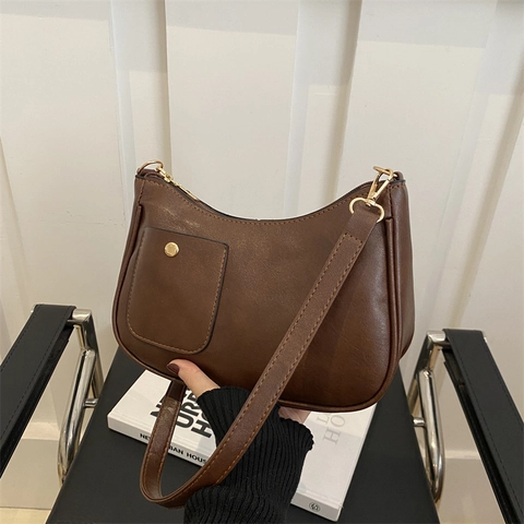 Sac À Épaule Sous L'Aisselle En Cuir PU Rétro Pour Femmes Avec Poche Avant Matériel Doré Fermeture Éclair