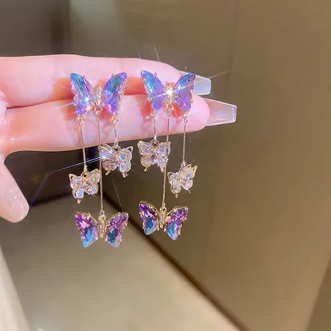 Pendientes De Borla Larga De Mariposa Con Poste De Plata Esterlina 925 Cristal Degradado Púrpura Azul Elegante Mujer