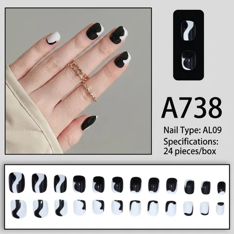 Black And White Wave Press On Nails Short Square Round Plastic Artificial Fake Nails With Glue For Women