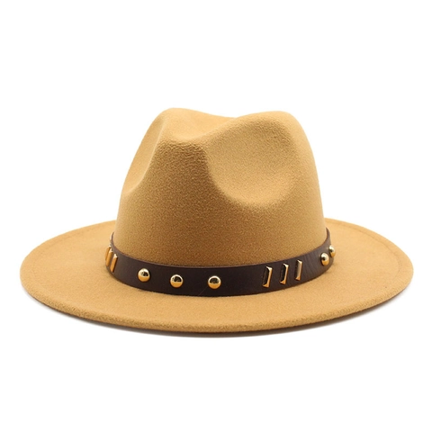Classic Fedora Hat Wide Flat Brim Retro British Style With Gold Studded Leather Band Unisex Jazz Cap