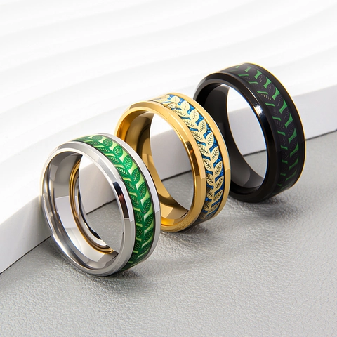 Anillo Motivo Foglia Ulivo Acciaio Inossidabile 304 Fascia Larga Gioielli Smalto Ispirati Natura Per Uomini Donne