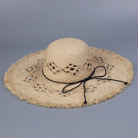 Women Raffia Straw Sun Hat Wide Brim Hollow Out Foldable Beach Vacation Frayed Edge Breathable Summer Shade Hat
