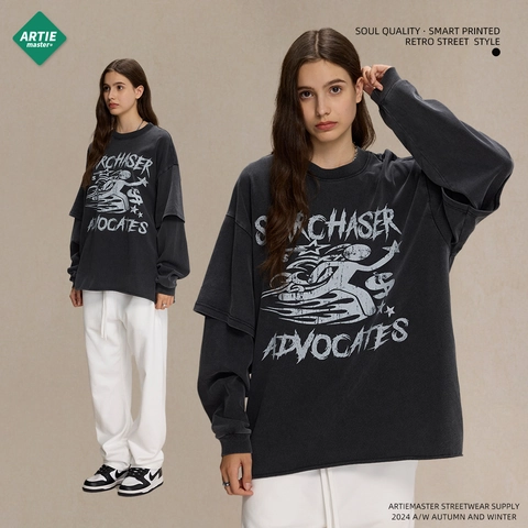 Ανδρικό Vintage Πλυμένο Βαμβακερό Μακρυμάνικο T-Shirt Layered Look Streetwear Στρογγυλή Λαιμόκοψη Distressed Print Oversized Top